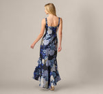 Metallic Floral Jacquard High Low Draped Gown In Blue Multi 5