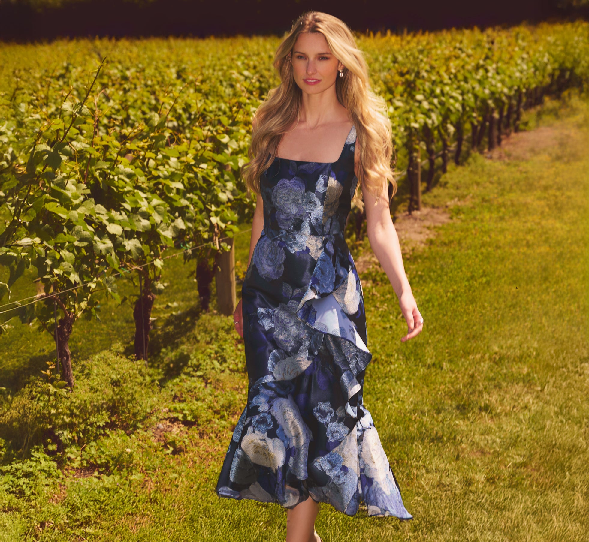 Metallic Floral Jacquard High Low Draped Gown In Blue Multi 1