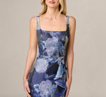 Metallic Floral Jacquard High Low Draped Gown In Blue Multi 3