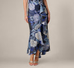 Metallic Floral Jacquard High Low Draped Gown In Blue Multi 4