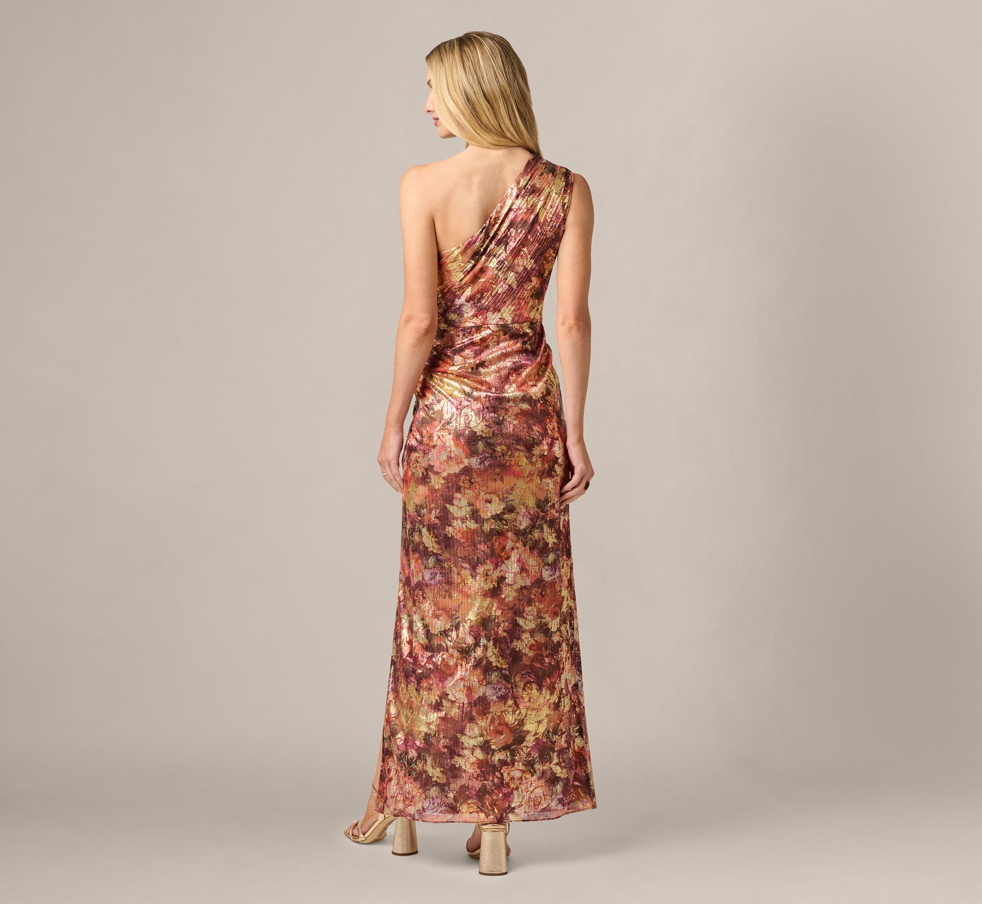 Multi Colored One Shoulder Metallic Floral Crinkle Chiffon Gown