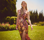 One Shoulder Metallic Floral Crinkle Chiffon Gown In Gold Multi 1