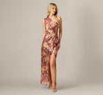 One Shoulder Metallic Floral Crinkle Chiffon Gown In Gold Multi 2