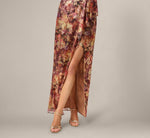 One Shoulder Metallic Floral Crinkle Chiffon Gown In Gold Multi 3