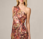 One Shoulder Metallic Floral Crinkle Chiffon Gown In Gold Multi 4