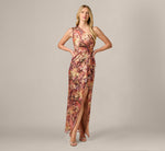 One Shoulder Metallic Floral Crinkle Chiffon Gown In Gold Multi 1