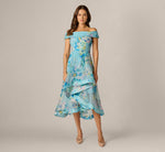 Off Shoulder Floral Organza High Low Midi Dress In Blue Multi 2