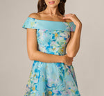 Off Shoulder Floral Organza High Low Midi Dress In Blue Multi 3