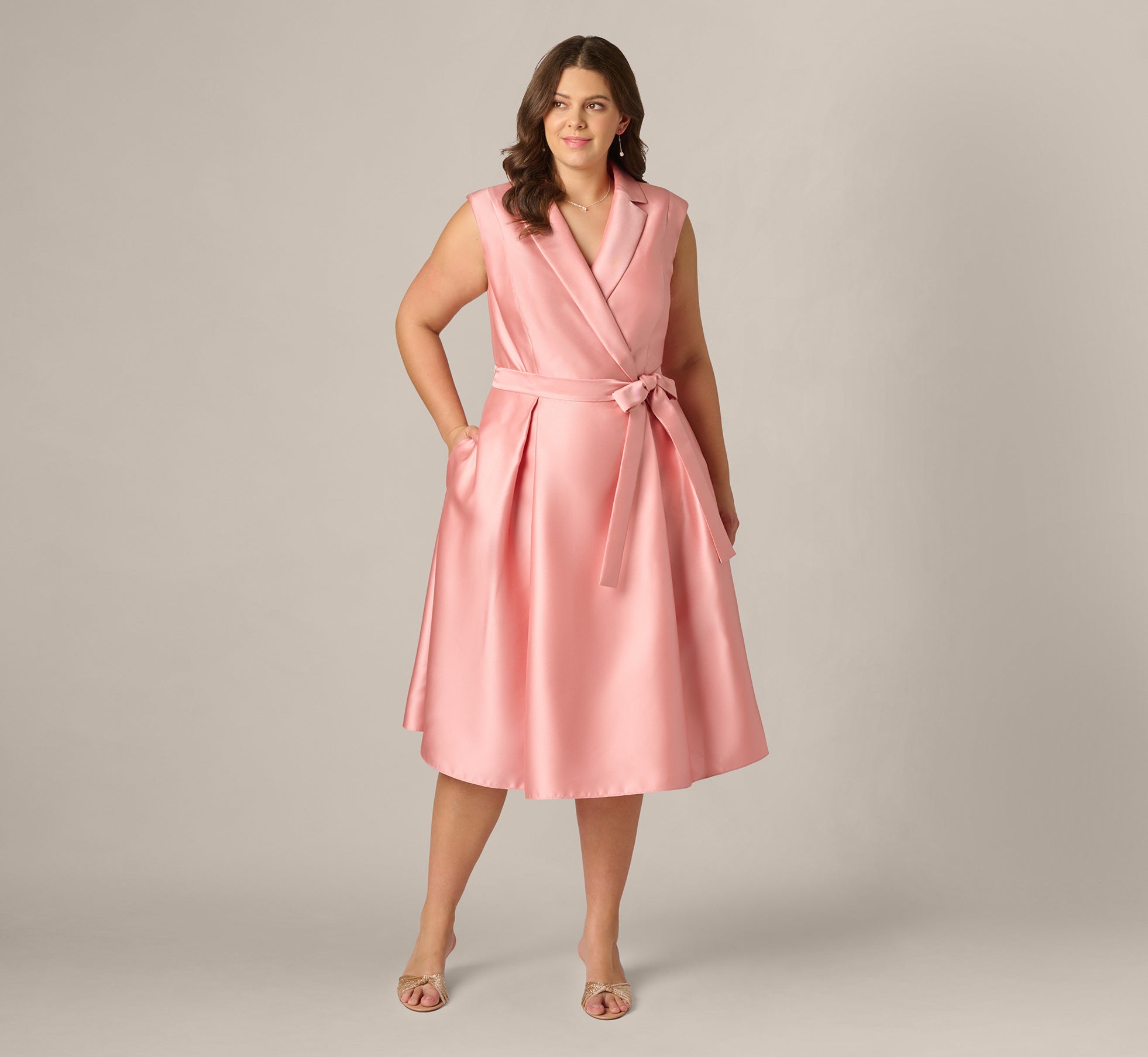 Plus Size Mikado Lapel Belted Midi Dress In Apricot Ice, Apricot Ice / Plus Size / 14