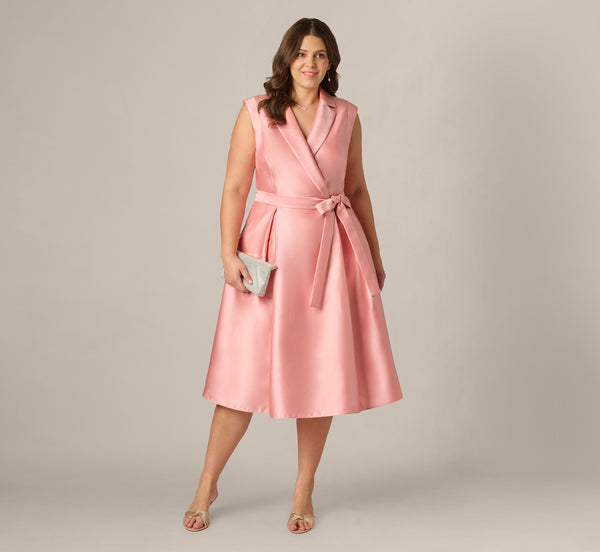 pink plus size dress Adrianna Papell Lapel Mikado Knee-Length - Apricot Ice Size:3XL - 44 A matching overlay offers colour:animal Soft Satin Off the