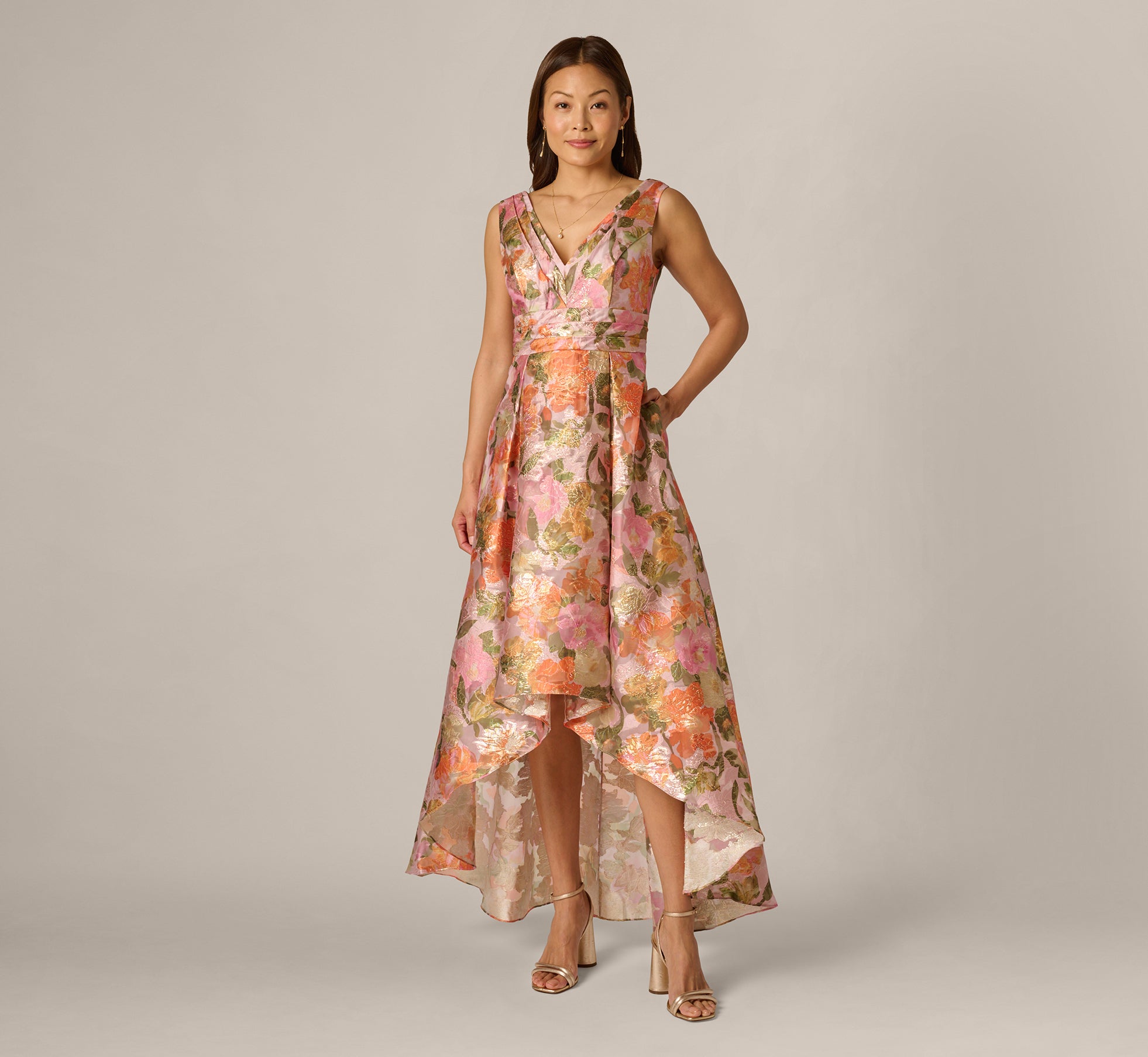 yellow high low dress Adrianna Papel V-Neck Midi Dress - Yellow/Orange Multi