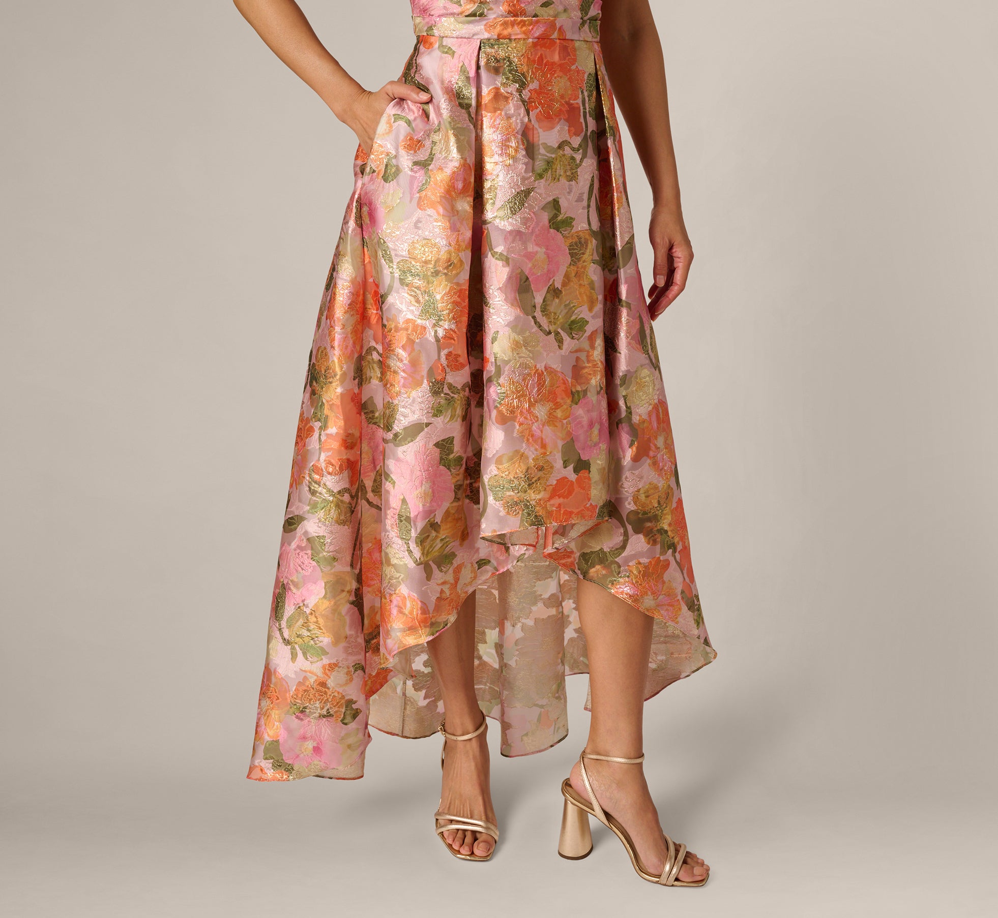 Metallic Floral Jacquard High Low Gown In Yellow Orange Multi