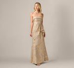 Strapless Metallic Jacquard Draped Gown In Mink 2