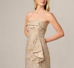 Strapless Metallic Jacquard Draped Gown In Mink 3