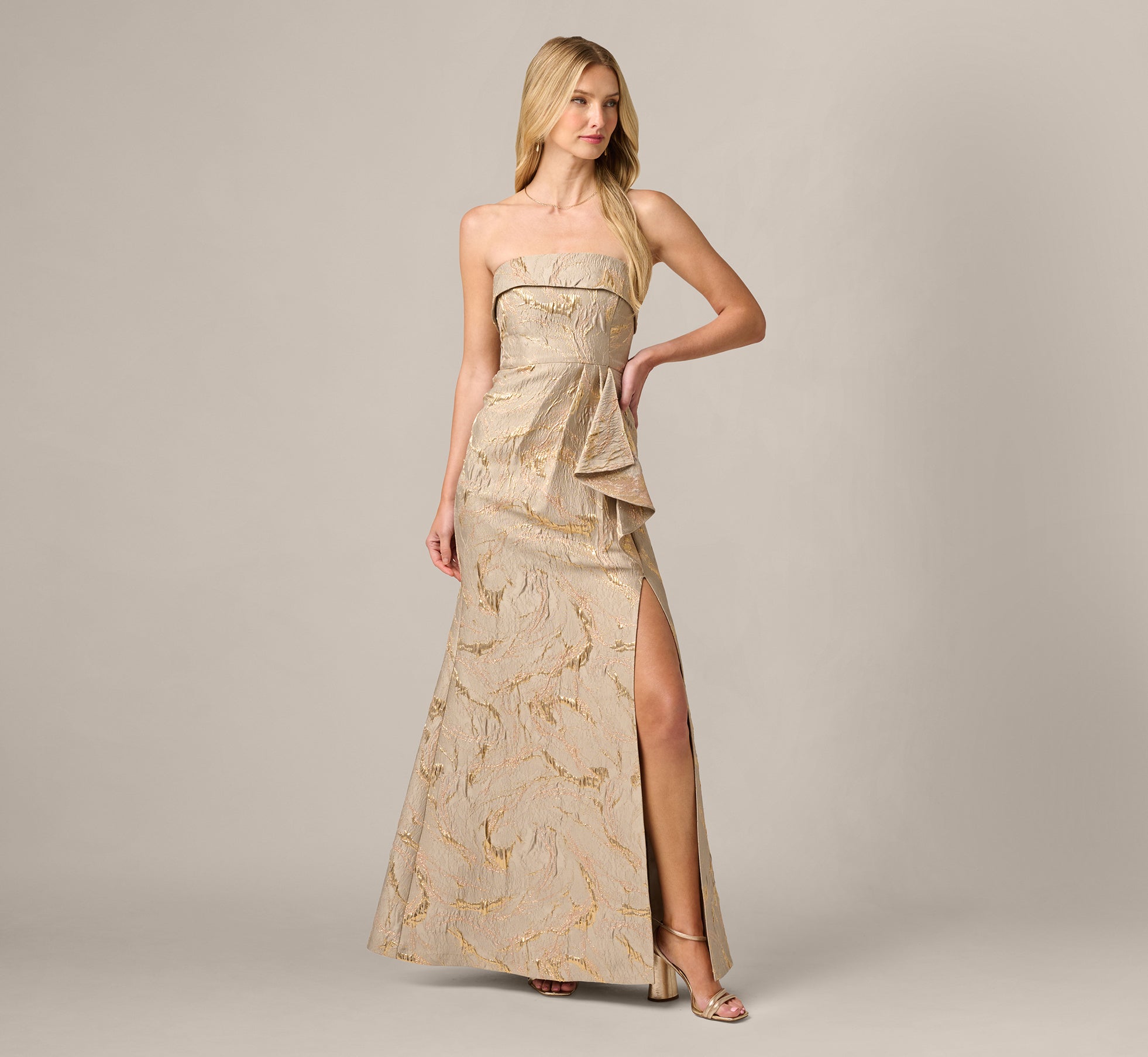 Strapless Metallic Jacquard Draped Gown In Mink 1