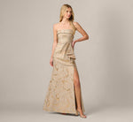 Strapless Metallic Jacquard Draped Gown In Mink 1