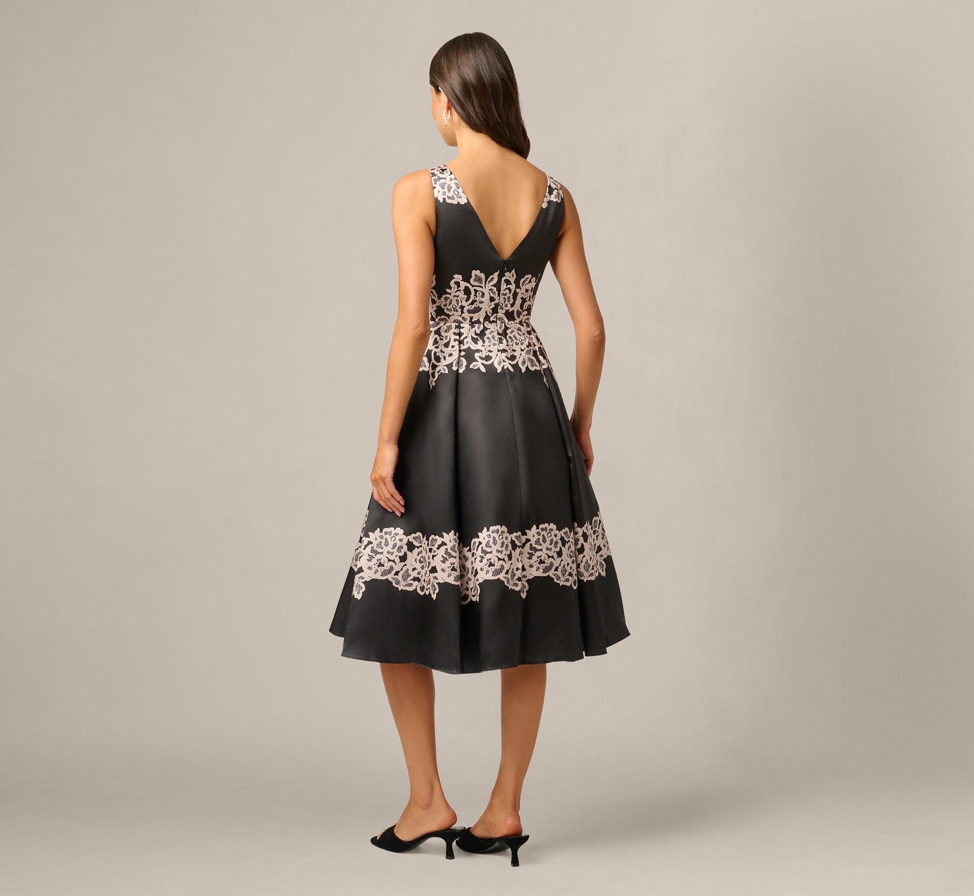 Lace Print Fit And Flare Midi Dress In Black Ecru, Black/Ecru / Regular / 4