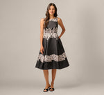 Lace Print Fit And Flare Midi Dress In Black Ecru 2
