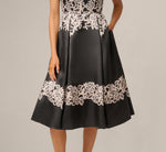 Lace Print Fit And Flare Midi Dress In Black Ecru 4