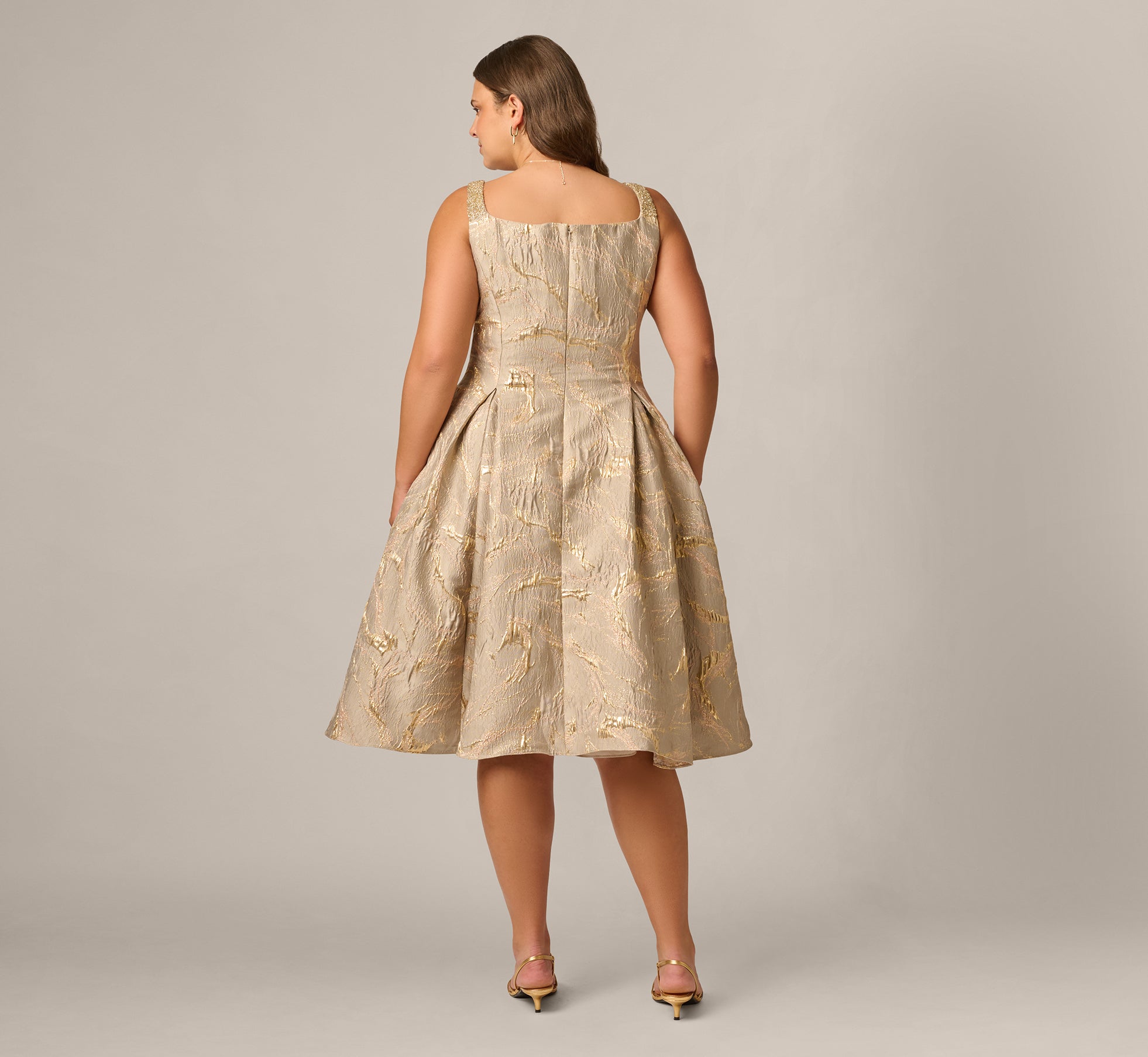 Beige Plus Size Beaded Square Neck Metallic Fit And Flare Midi