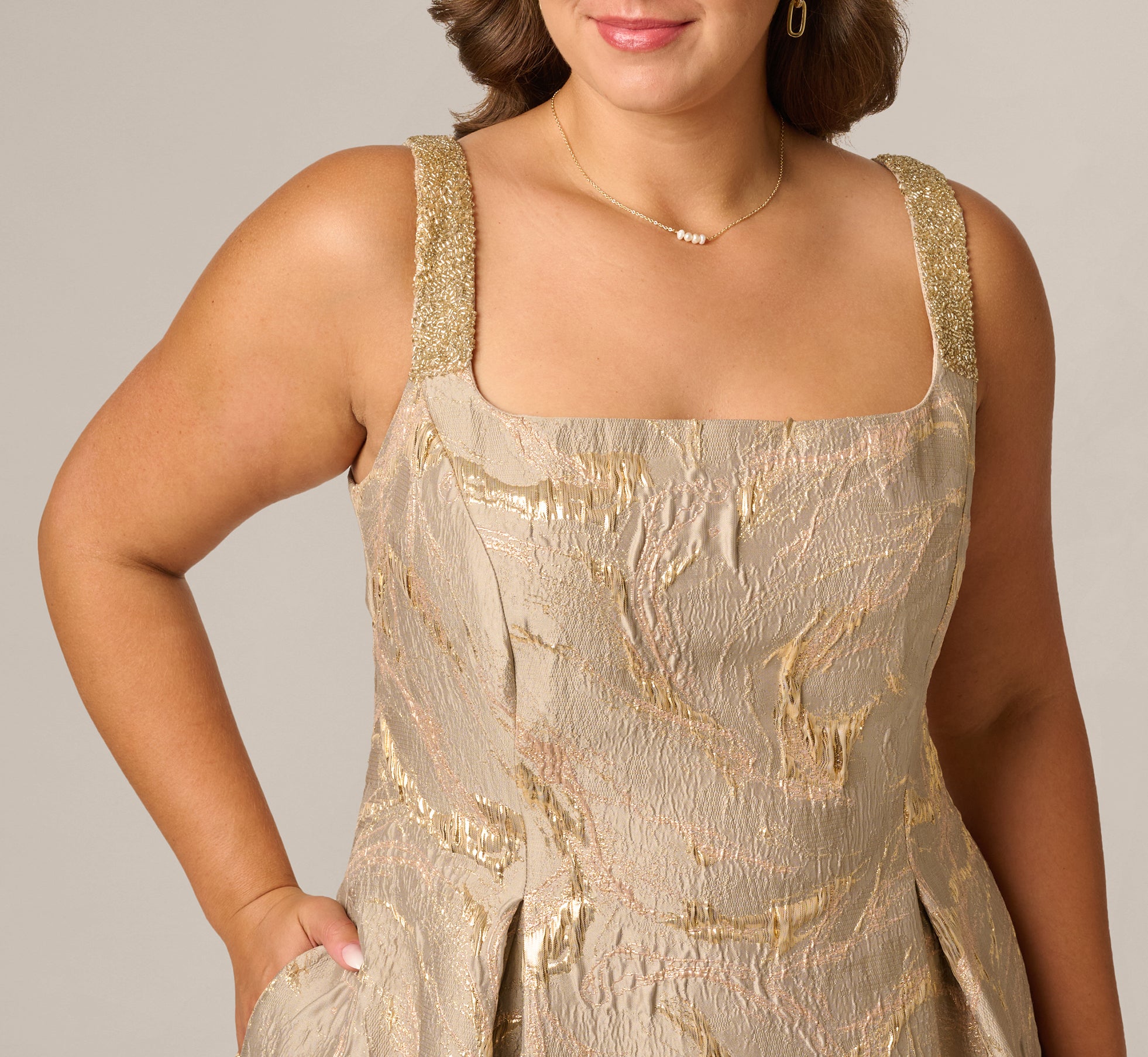 Beige Plus Size Beaded Square Neck Metallic Fit And Flare Midi