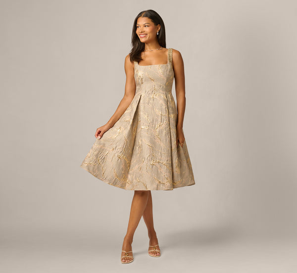 Beaded Square Neck Metallic Fit And Flare Midi Dress In Mink, Mink / Regular / 0