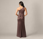 One Shoulder Draped Knot Waist Satin Gown In Dark Brown 5
