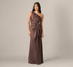 One Shoulder Draped Knot Waist Satin Gown In Dark Brown 2