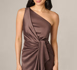 One Shoulder Draped Knot Waist Satin Gown In Dark Brown 3
