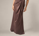 One Shoulder Draped Knot Waist Satin Gown In Dark Brown 4