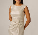 Metallic Brooch Draped Stretch Column Gown In Light Gold 3