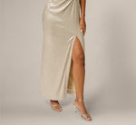 Metallic Brooch Draped Stretch Column Gown In Light Gold 4