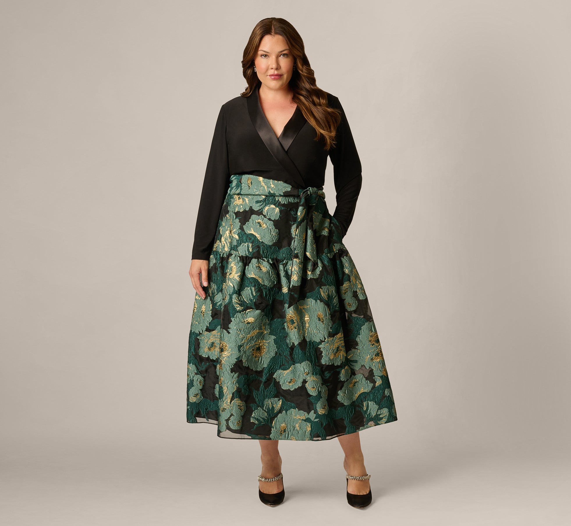 Plus Size Long Sleeve Jacquard Tuxedo Ankle Length Combo Dress In Black Emerald 1