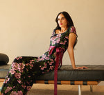 Cap Sleeve Square Neck Floral Embroidered Gown In Black Multi 1