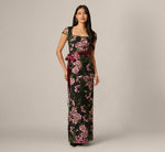 Cap Sleeve Square Neck Floral Embroidered Gown In Black Multi 2