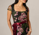 Cap Sleeve Square Neck Floral Embroidered Gown In Black Multi 3