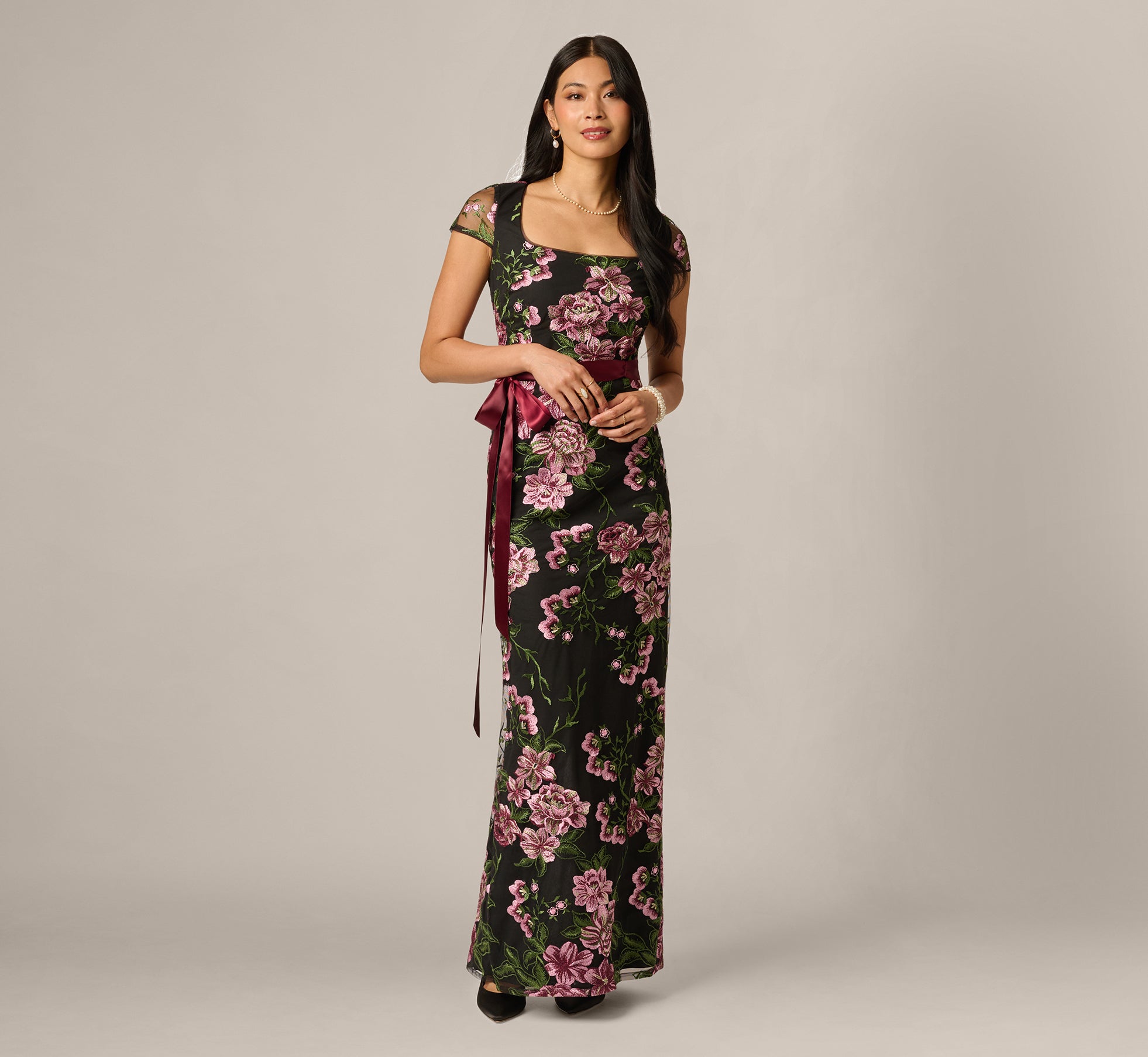 Cap Sleeve Square Neck Floral Embroidered Gown In Black Multi 1