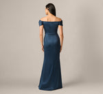 Off Shoulder Beaded Sweetheart Satin Gown In Dark Navy 5