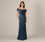Off Shoulder Beaded Sweetheart Satin Gown In Dark Navy 2