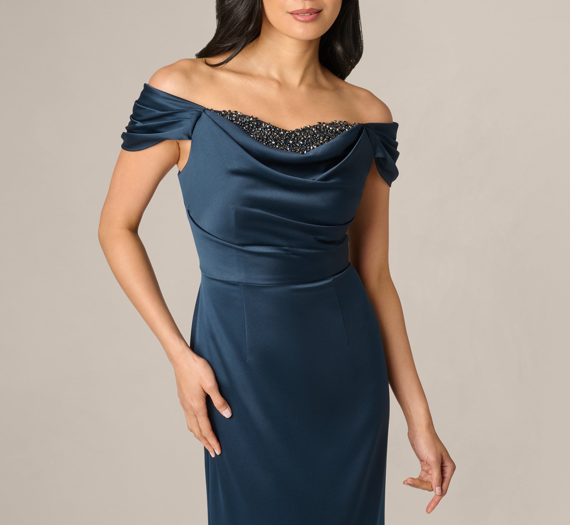 adrianna papell sleeveless satin draped short dress in dark navy Adrianna Papell Asymmetrical Draped Dress