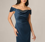 Off Shoulder Beaded Sweetheart Satin Gown In Dark Navy 3