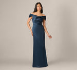 Off Shoulder Beaded Sweetheart Satin Gown In Dark Navy 1