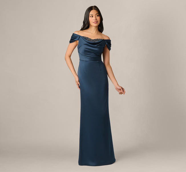 Adrianna Papell Beaded Off the Shoulder Satin Mermaid Gown In Dark Navy at Nordstrom, Size 6