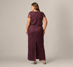 Plus Size Short Sleeve Lattice Floral Beaded Blouson Gown In Night Plum 5