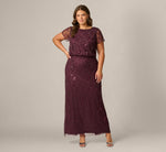 Plus Size Short Sleeve Lattice Floral Beaded Blouson Gown In Night Plum 2