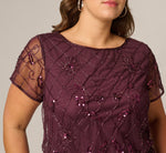 Plus Size Short Sleeve Lattice Floral Beaded Blouson Gown In Night Plum 3
