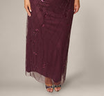 Plus Size Short Sleeve Lattice Floral Beaded Blouson Gown In Night Plum 4