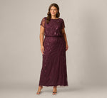 Plus Size Short Sleeve Lattice Floral Beaded Blouson Gown In Night Plum 1