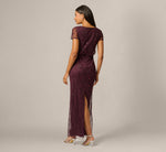 Short Sleeve Lattice Floral Beaded Blouson Gown In Night Plum 5
