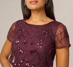 Short Sleeve Lattice Floral Beaded Blouson Gown In Night Plum 3